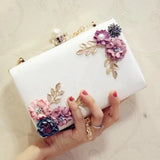 White Leather Flower Clutch Purse Evening Bag