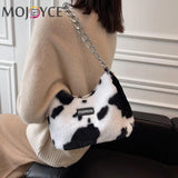 Leopard Printed Shoulder Bag Soft Plush Chain Zipper Handbag