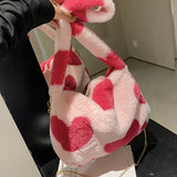 Heart Print Mini Shoulder Bag Winter Plush Underarm Handbag