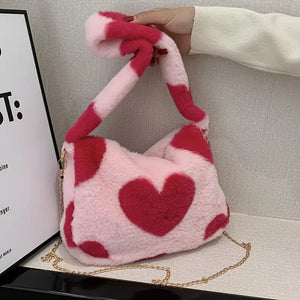 Heart Print Mini Shoulder Bag Winter Plush Underarm Handbag