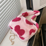 Heart Print Mini Shoulder Bag Winter Plush Underarm Handbag