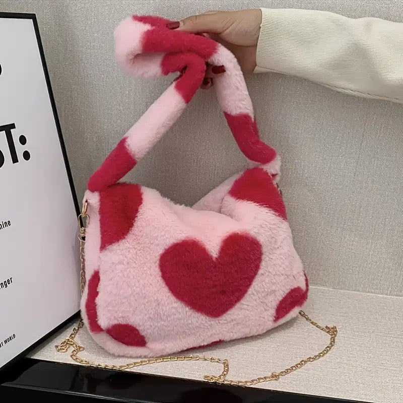 Heart Print Mini Shoulder Bag Winter Plush Underarm Handbag