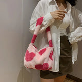 Heart Print Mini Shoulder Bag Winter Plush Underarm Handbag