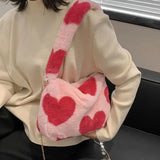 Heart Print Mini Shoulder Bag Winter Plush Underarm Handbag