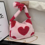 Heart Print Mini Shoulder Bag Winter Plush Underarm Handbag