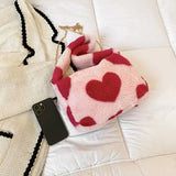 Heart Print Mini Shoulder Bag Winter Plush Underarm Handbag