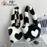 Women Love Heart Printing Shoulder Underarm Bag Casual Autumn Winter Soft Plush