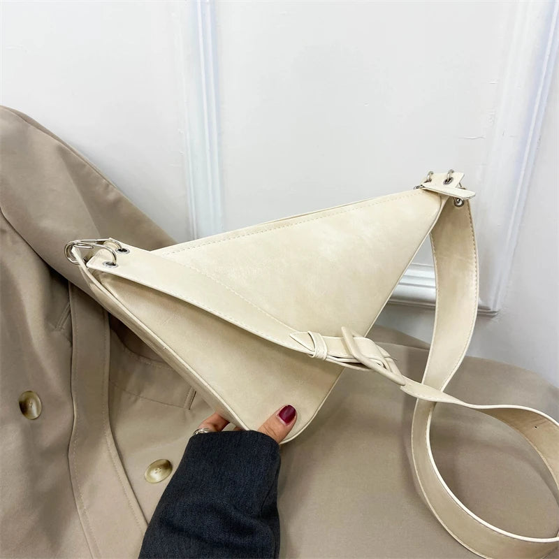 Retro Triangle PU Leather Messenger Bag Wide Shoulder Straps
