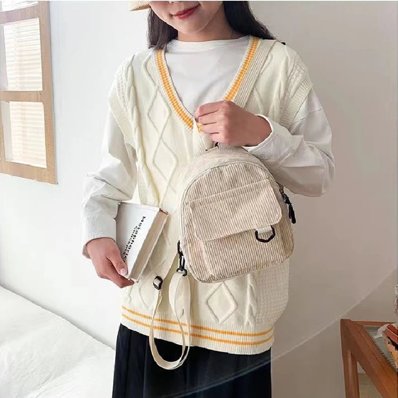 Corduroy Mini Backpack for Women Student Bookbags