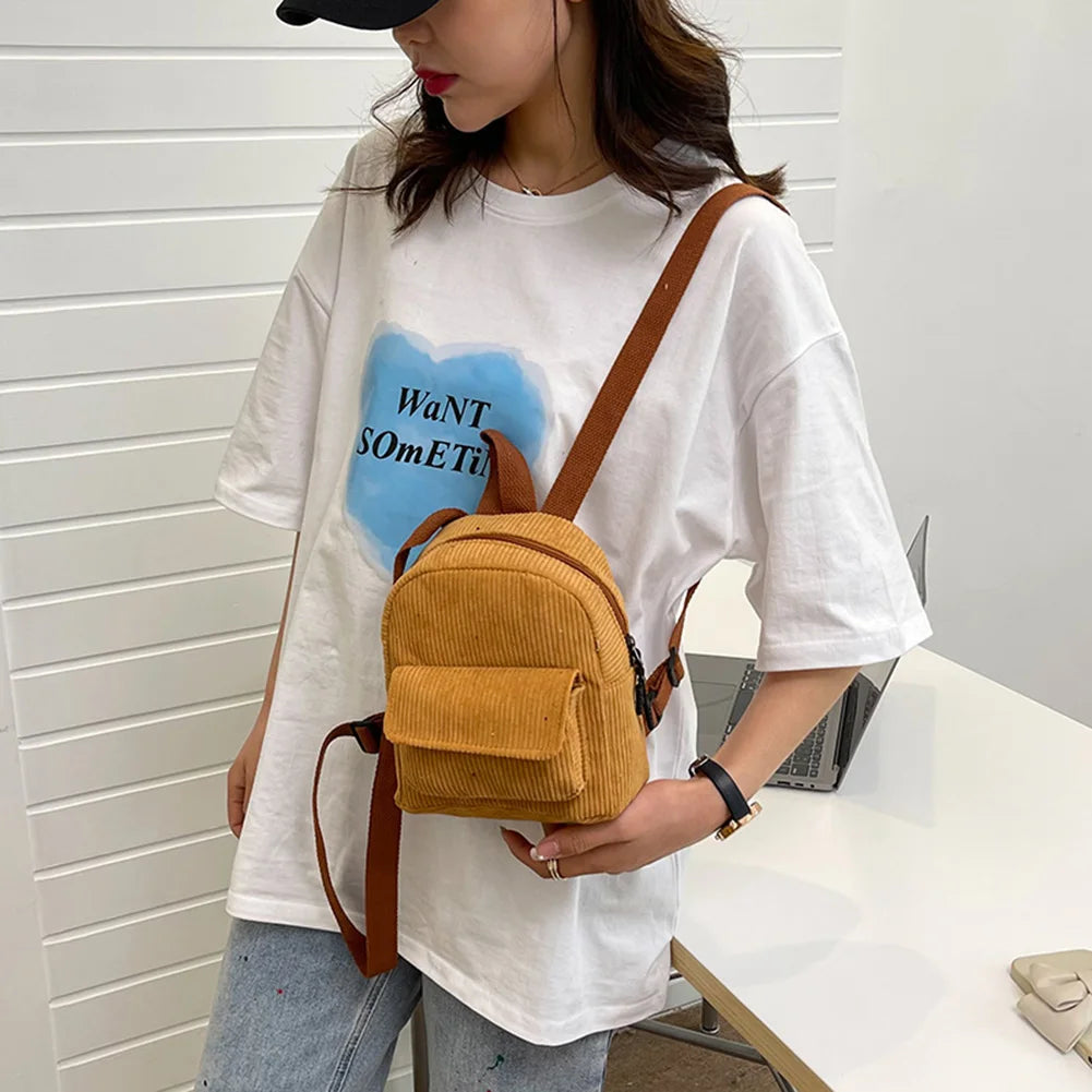 Corduroy Mini Backpack for Women - Casual Student Bookbag