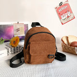 Corduroy Mini Backpack Solid Color Casual Travel Student Bookbag