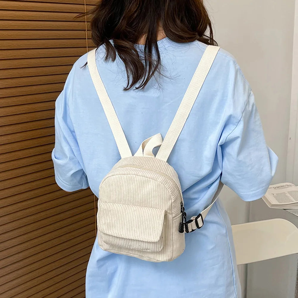 Corduroy Mini Backpack for Women - Casual Student Bookbag