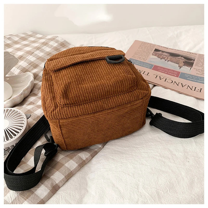 Corduroy Mini Backpack Solid Casual Student Bookbag