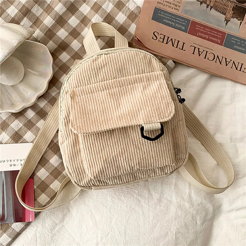 Small Corduroy Mini Backpack Women Casual Bookbag Travel