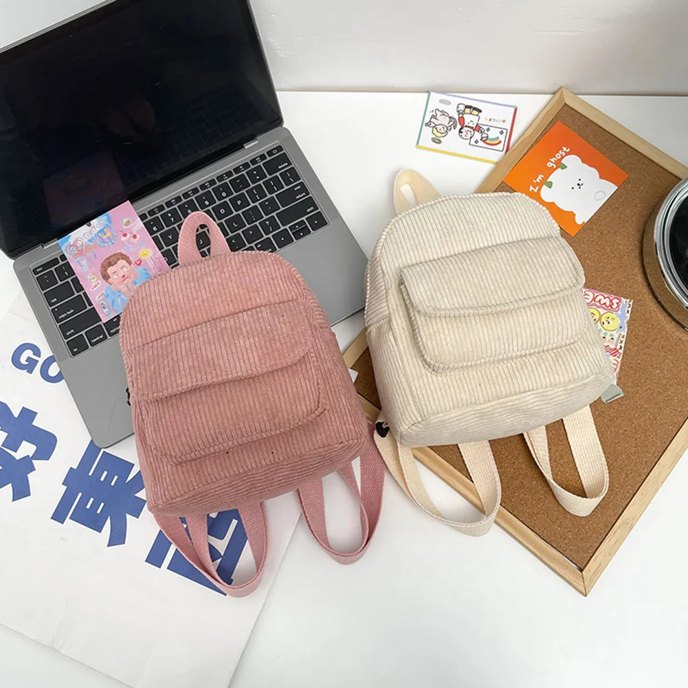 Corduroy Mini Backpack for Women - Casual Student Bookbag