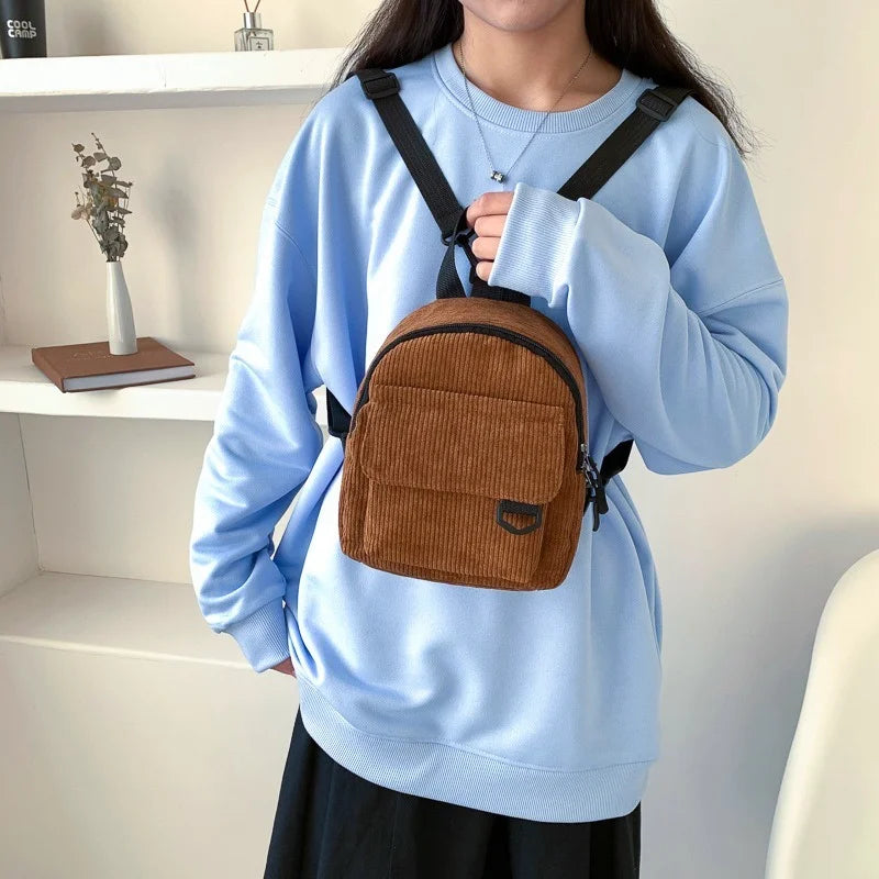 Corduroy Mini Backpack Solid Color Casual Travel Student Bookbag