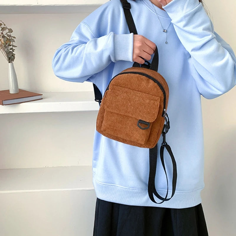 Corduroy Mini Backpack for Women Casual Student Bookbags