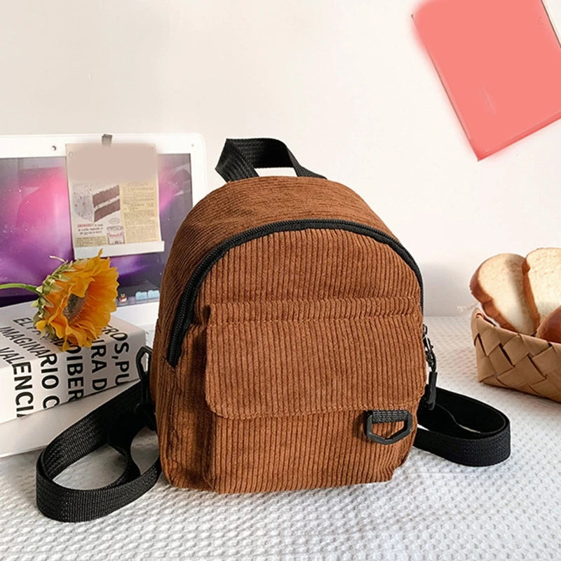 Corduroy Mini Backpack for Women Casual Student Bookbags