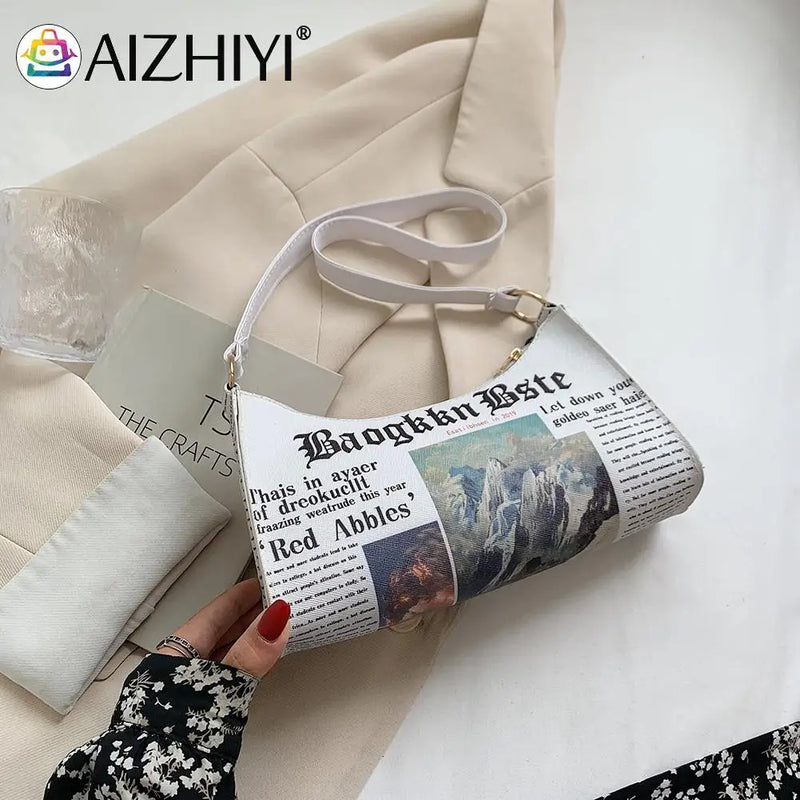 Women Newspaper Printing PU Leather Shoulder Underarm Bag
