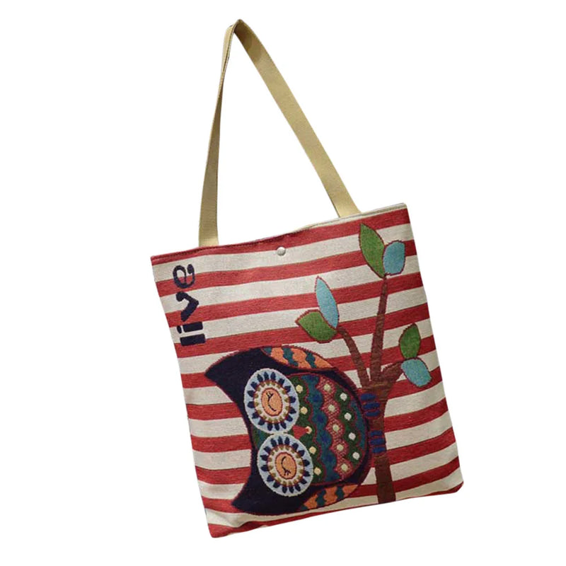 Women Owl Printed Canvas Tote Beach Bag Single Shoulder B