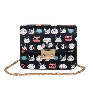Women PU Leather Chain Shoulder Bag Cat Head Graffiti Beach Bag