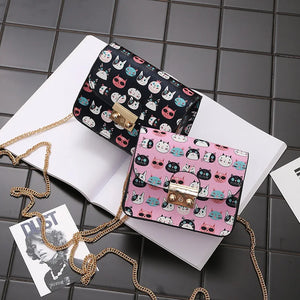 Women PU Leather Chain Shoulder Bag Cat Head Graffiti Beach Bag
