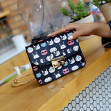Women PU Leather Chain Shoulder Bag Cat Head Graffiti Beach Bag
