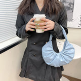 Women PU Leather Pleated Shoulder Underarm Bag Casual Solid Crescent Shape Handb