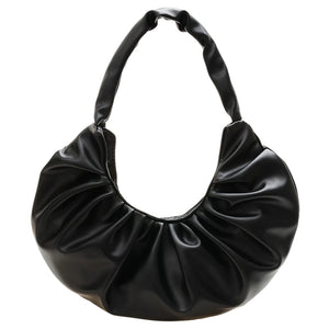 Women PU Leather Pleated Shoulder Underarm Bag Casual Solid Crescent Shape Handb
