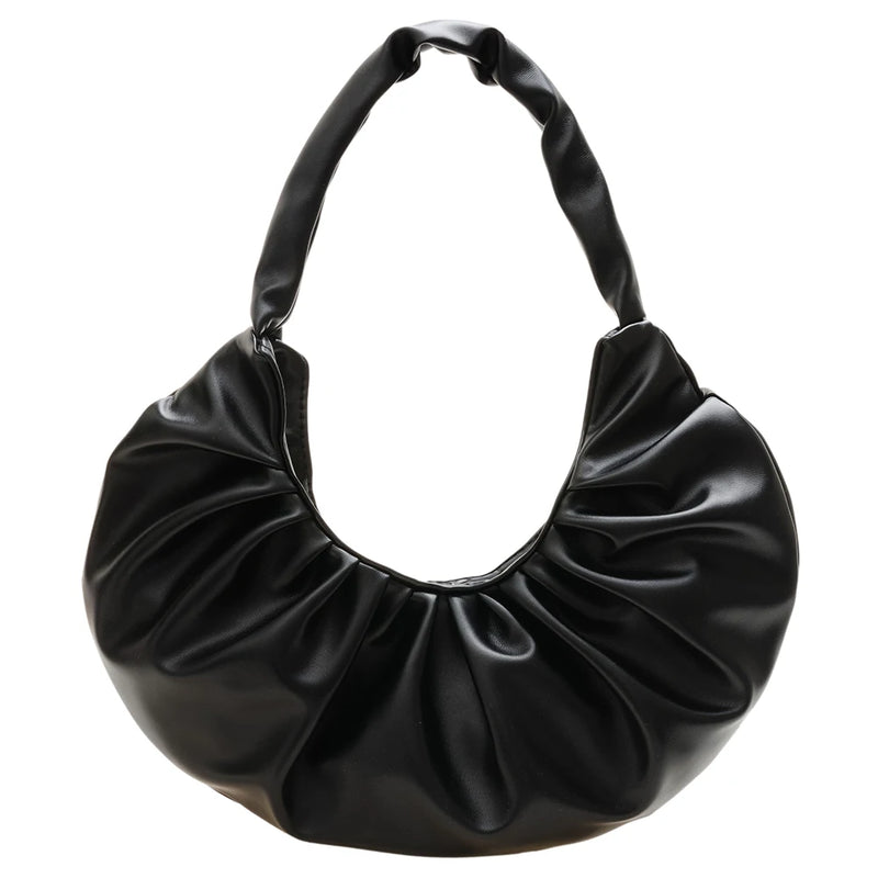 Women PU Leather Pleated Shoulder Underarm Bag Casual Solid Crescent Shape Handb