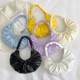 Women PU Leather Pleated Shoulder Underarm Bag Casual Solid Crescent Shape Handb
