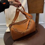 Women PU Leather Underarm Bag with Metal Chain Zipper Small Handbag