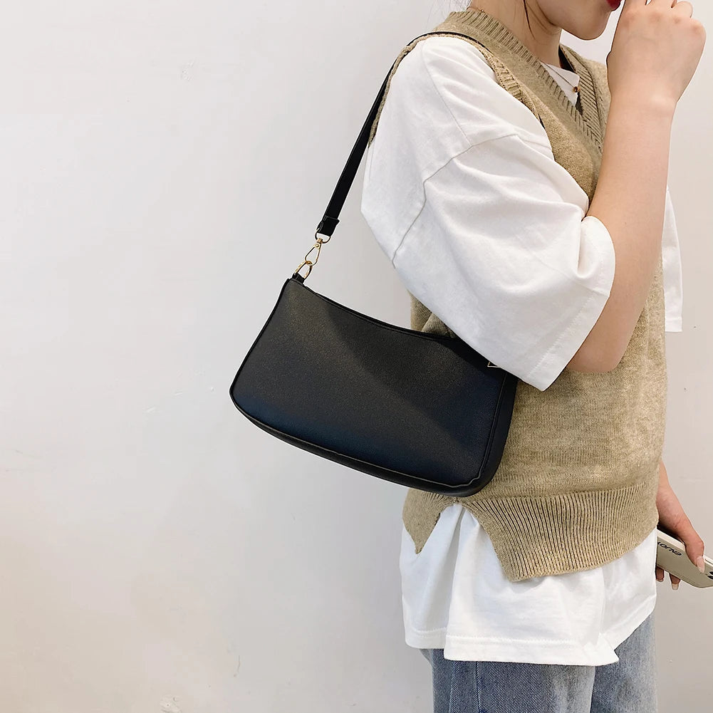 Women PU Leather Shoulder Bag Casual Solid Small Armpit Underarm Bag Purse