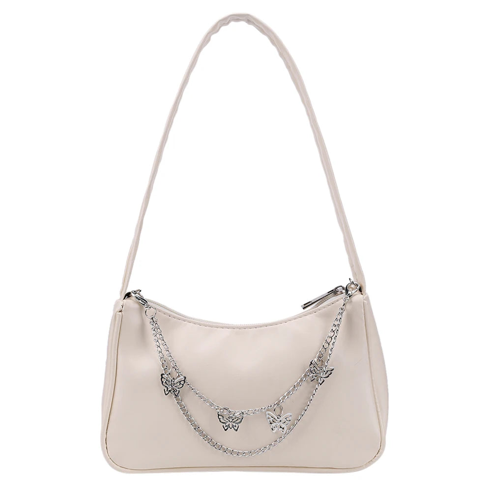 Women PU Leather Small Shoulder Bag Vintage Butterfly Chain Underarm Bags