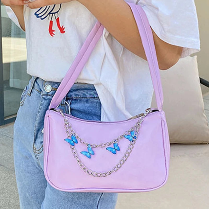 Women PU Leather Butterfly Chain Zipper Mini Hobos Handbag