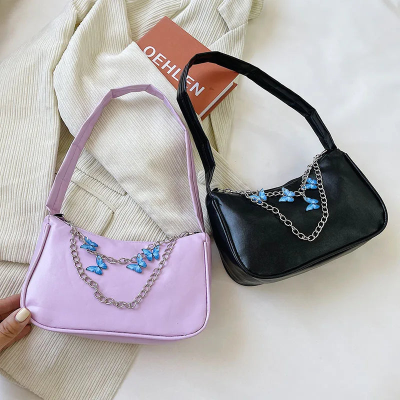 Women PU Leather Butterfly Chain Zipper Mini Hobos Handbag
