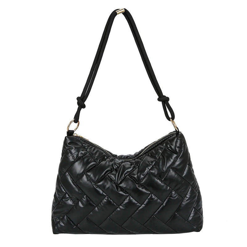 Women Padded Nylon Shoulder Space Bag Portable Travel Solid Quilted Lattice Patt
