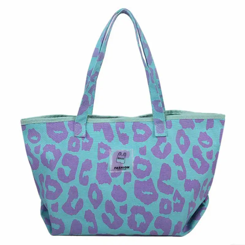 Pink Leopard Pattern Shoulder Bag Canvas Shopping Bag Large Capacity Tote