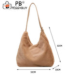 Women Plush Double Strap Handbag Warm Soft Fur Large Capacity Shopping Bag