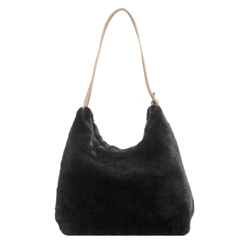 Women Plush Double Strap Handbag Warm Soft Fur Large Capacity Shopping Bag
