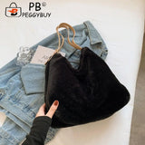 Women Plush Double Strap Handbag Warm Soft Fur Large Capacity Shopping Bag
