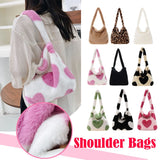 Women Plush Leopard Love Heart Underarm Shoulder Bag