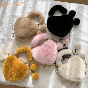 Women Plush Print Shoulder Bag Handbags Warm Winter Fluffy Underarm Bag