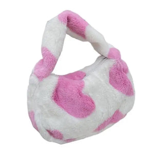 Women Plush Shoulder Bag Heart Pattern Underarm Bag Casual Tote Small Purse