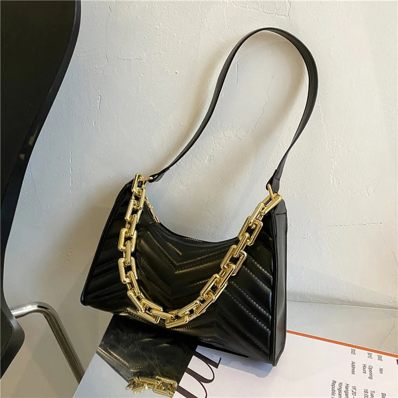Women Thick Chain PU Leather Shoulder Bag Casual Small Hobos Handbags