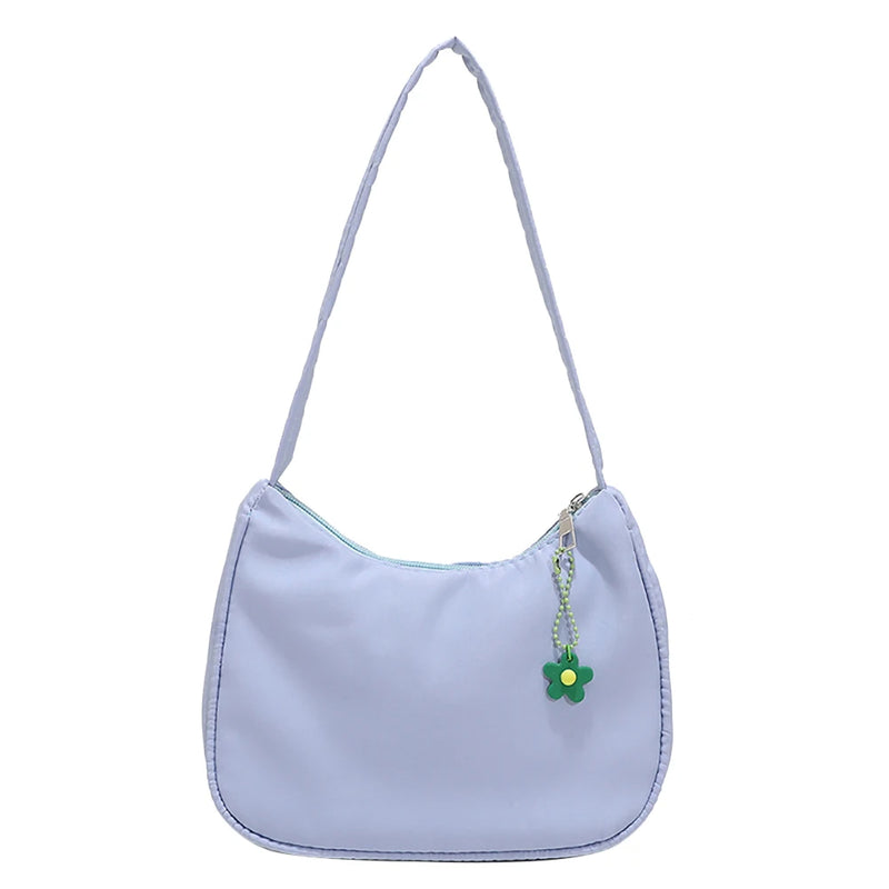 Casual Nylon Underarm Bag with Flower Pendant Tote Purse