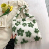 Flower Print Plush Shoulder Ladies Tote Handbags