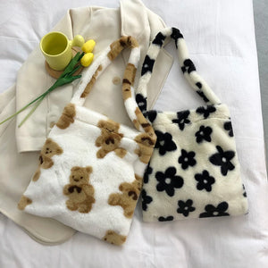 Flower Print Plush Shoulder Ladies Tote Handbags