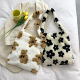Flower Print Plush Shoulder Ladies Tote Handbags