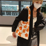 Flower Print Plush Shoulder Ladies Tote Handbags